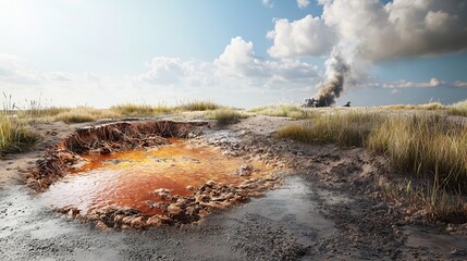 Poster - a photograph of an oil spill impact map combined with a virtual twin simulation showing the potentia