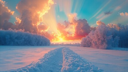Poster - The sky is covered with colorful clouds, surreal and beautiful, showing a rainbow of colors, with a snowy field and some white trees below.