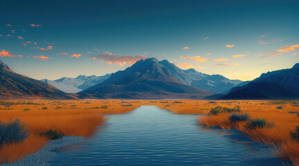 Poster - The distant mountains seem to be lightly smeared with dark color, and the sky is as clear as water.
