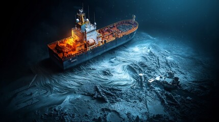 Poster - Detailed marine traffic accident impact map combined with a virtual twin simulation analyzing the movement and spread of an oil slick leaving copy space at the bottom for text overlay