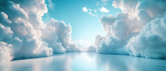 Poster - Stunning 3D Interior Scene with Soft Blue and White Clouds Filling a Bright Room, Creating a Magical and Dreamlike Atmosphere