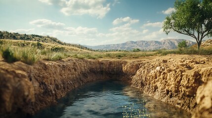 Poster - Groundwater Recharge Area Map Overlaid with a Virtual Twin Analyzing Aquifer Health and Leaving Copy Space in the Bottom Right Corner