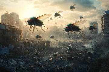 Wall Mural - Giant flies swarm ruined city, apocalyptic scene.