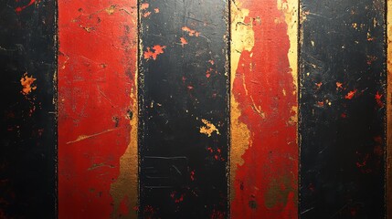 Wall Mural - Close-up of a weathered wooden surface with red, black, and gold paint.