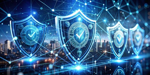 Poster - Interconnected Virtual Guardians: A Cybersecurity Mosaic Depicting a Network of Digital Shields, Data Protection Symbols, and Futuristic Elements in a Bokeh Effect Background