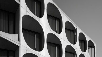 Poster - modern architectural design featuring circular windows in a minimalist concrete structure in urban s