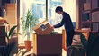 © jambulart - Person packing box, photo inside, sunny room.