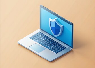 Fototapete - Isometric Minimal 3D Design of Laptop with Data Protection Shield and Lock Element for Cybersecurity Concepts in Digital Environments