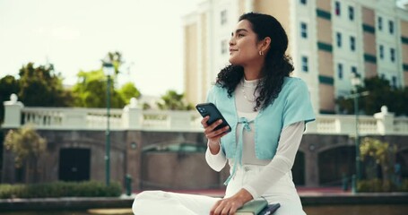 Aufkleber - Woman, student and phone with thinking at college for reflection, mobile app and happy at campus. Girl, person and smartphone with smile, books or inspiration for learning at university in Costa Rica