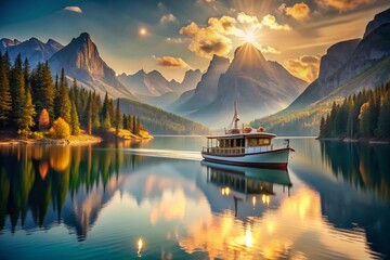 Wall Mural - Scenic Boat Cruise on a Serene Lake with Majestic Mountains in the Background, Captured from Three Unique Perspectives in a Mesmerizing 4k Video Animation