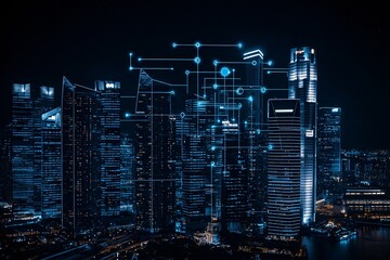 Poster - a vibrant cityscape at night with data flow graphics overlay, representing data connectivity and tra