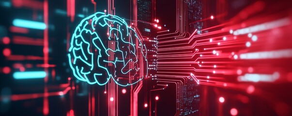 Poster - abstract ai brain design with circuits merging into a digital grid, highlighting ai-driven digital t