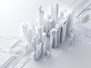 Poster - modern skyscrapers connected by digital streams, representing growth and transformation in a connect
