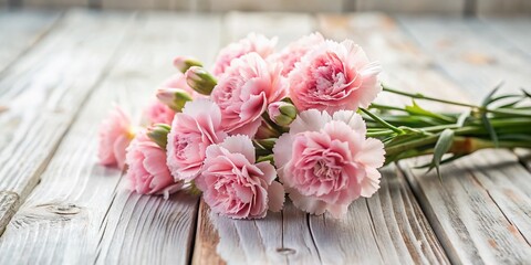 Poster - Long Exposure of a Delicate Pink Carnation Flower Bouquet on White Wood Surfaces, Capturing the Essence of Nature's Beauty and Elegance in a Soft and Dreamy Aesthetic