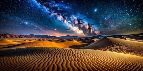 Poster - Long Exposure of a Serene Desolate Dune Dome Under a Starry Night Sky, Capturing the Ethereal Beauty of Sand Formations and Celestial Movements in the Vast Desert Landscape
