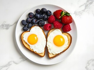 Wall Mural - A heart-shaped breakfast plate featuring sunny-side-up eggs, fresh blueberries, strawberries, and raspberries, served on a white dish.