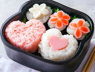 Wall Mural - A colorful bento box featuring heart and flower-shaped sushi, garnished with greens, perfect for a cute and artistic meal presentation.