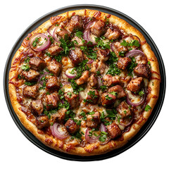 Wall Mural - Top view of BBQ pork and onion pizza on a dark stainless steel platter isolated on a white transparent background