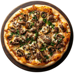 Wall Mural - Top view of beef and mushroom pizza on a dark earthenware board isolated on a white transparent background