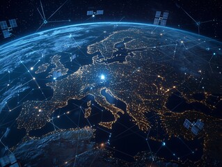 Poster - connectivity driving digital transformation, illustrating global satellite systems, real-time commun