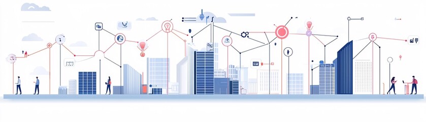 Poster - digital transformation growth processes, illustrated as interconnected economic hubs, real-time grow