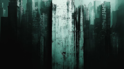 Poster - A cityscape with a large building in the middle and a long