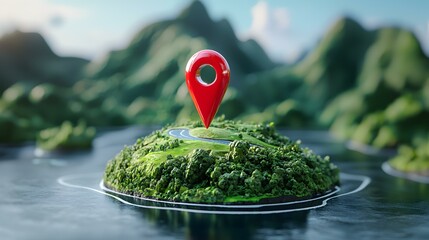Poster - Red Map Pin on Green Island with Scenic Landscape Background