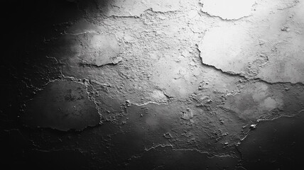 Poster - A black and white photo of a wall with a lot of cracks and holes