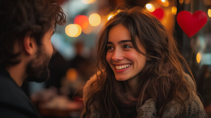 Poster - A man and a woman are smiling at each other in a restaurant