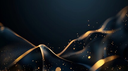 Poster - dynamic golden wave pattern flowing through a dark background with sparkling particles adding depth 