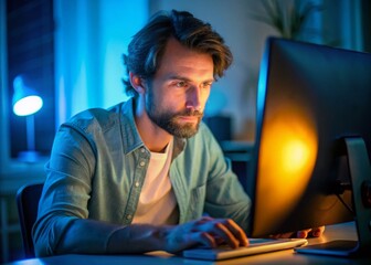 Poster - Low Light Programmer, Night Work, Focused Developer, Coding in Darkness, Computer Screen Glow, Late Night Coding,  Digital Project,  Work From Home,  Concentrated Programmer