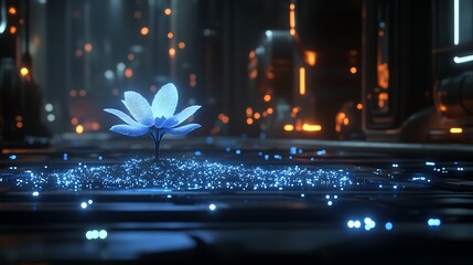 Wall Mural - Glowing Blue Flower in Futuristic Environment with Soft Light and Digital Particles Surrounding It