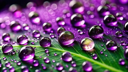 Poster - Luminous Purple Raindrops on a Leaf with Soft Focus Background in Rule of Thirds Composition, Capturing Nature's Beauty in a Magical Light Display for Your Visual Collection