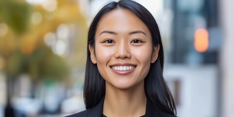 A woman with a big smile on her face. She is wearing a black jacket and a black shirt