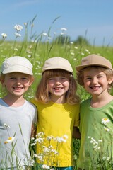 Sticker - Three children are standing in a field of flowers, wearing hats and smiling. Scene is cheerful and lighthearted, as the children seem to be enjoying their time together in the outdoors