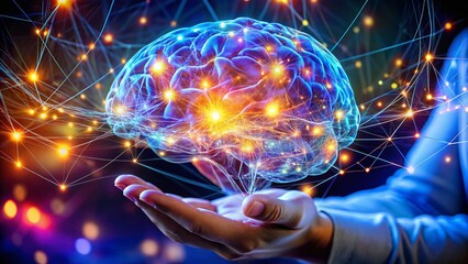 Poster - Macro AI Brain Network: Hand Holding Floating Neural Network, Artificial Intelligence, Machine Learning Concept