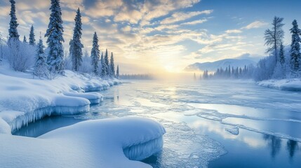 Frozen river, snow-covered trees, winter sunrise.
