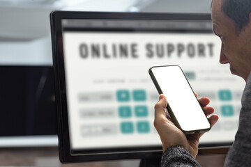Poster - Angry man talking with call center helpdesk in front of computer screen. Male consumer seated at a computer, viewed from behind, engaged in online communication with support services on the monitor