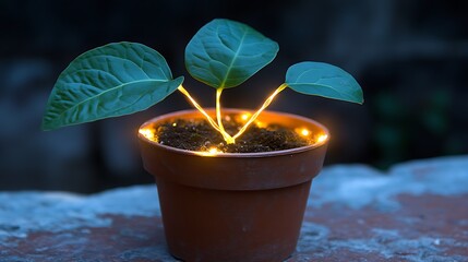 Wall Mural - Lush Green Plant in Brown Pot Illuminated with Warm Fairy Lights Against a Dark Background