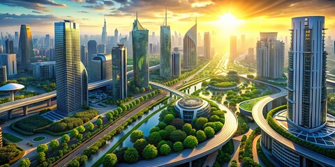 Poster - Macro Photography Capturing the Essence of Urban Innovation - A Close-Up on Technological Advancements in Modern Cities at Dawn, Showcasing Futuristic Architecture and Smart Infrastructure