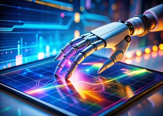 Poster - Macro Photography of a Robotic Hand Interacting with Data on a Tablet Screen, Showcasing Advanced Technology and Digital Interaction in a Close-Up View