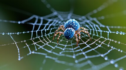 A delicate spider web glistens with dewdrops in the early morning light, creating a mesmerizing, intricate pattern.