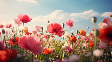 Wall Mural - A beautiful, sun-drenched spring summer meadow. Natural colorful panoramic landscape with many wild flowers of daisies against blue sky. A frame with soft selective focus.