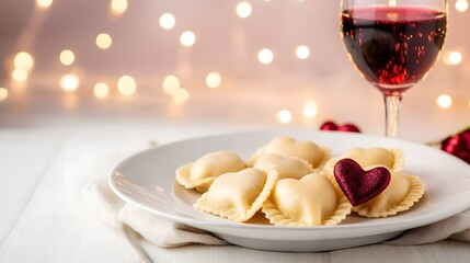 Wall Mural - A plate of heart-shaped ravioli paired with a glass of red wine, set against a backdrop of soft lights, creating a romantic dining atmosphere.