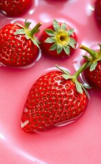 A fresh strawberry floating in a pool of pink liquid, creating a vibrant and visually appealing scene.