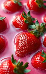 A fresh strawberry floating in a pool of pink liquid, creating a vibrant and visually appealing scene.