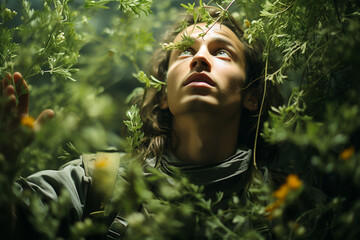 portrait of a young man in the green forest