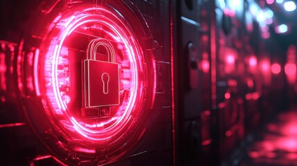 Poster - Secure Digital Lock with Red Neon Light on Dark Background for Cybersecurity Themes