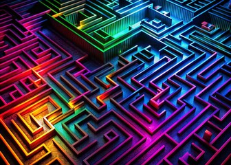 Poster - Mesmerizing Maze of Neon Patterns on a Dark Surface, Captivating Minimalist Photography for Stunning Visuals and Contemporary Art Exploration