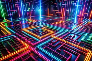 Poster - Mesmerizing Neon Maze on a Dark Surface – A Surreal Photography Exploration of Vibrant Lines and Shadows, Perfect for Captivating Wallpaper and Modern Design Aesthetics